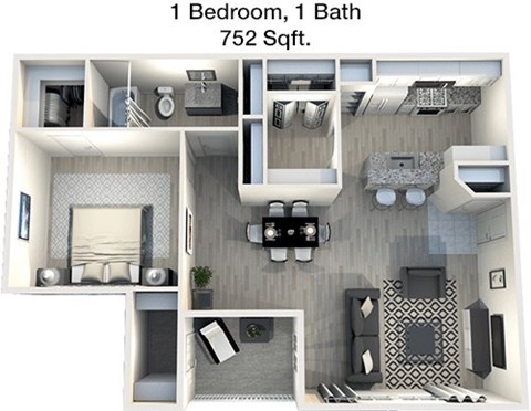 Floor plan for 1 bed, 1 bath, 752 sqft